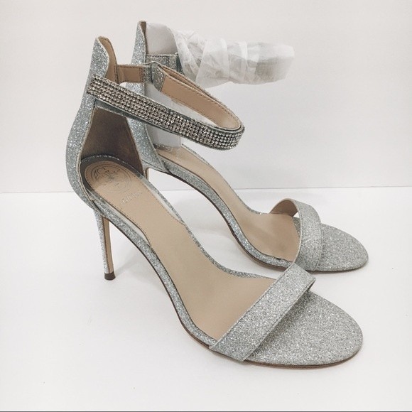 NEW Guess Women's Kahluy Silver Glittery Ankle Strap Heels Dress Sandals 9 - Picture 2 of 9